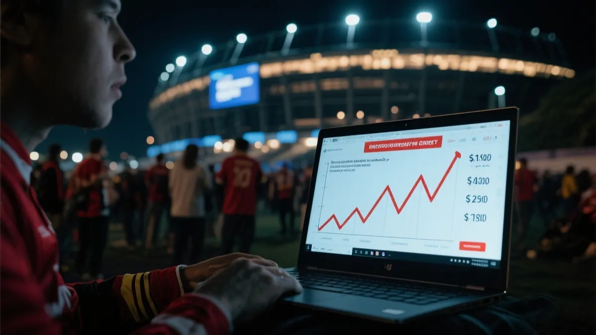 球迷在笔记本电脑前对比官方售票与二级市场价格曲线的场景